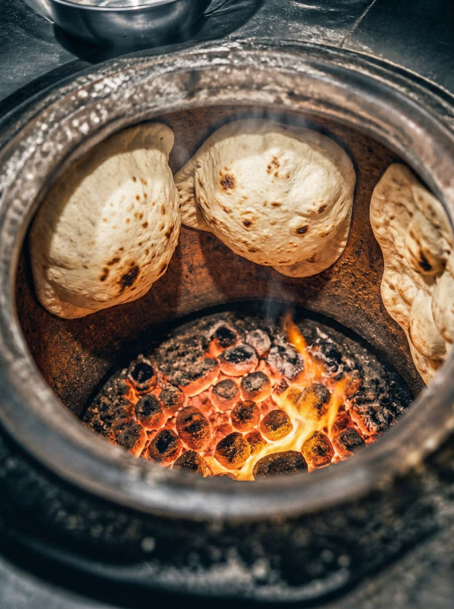 Naans en train de gonfler dans le tandoor, flammes et braises visibles à l'intérieur
